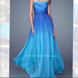 LaFemme Blue Ombre Strapless Gown/Prom Dress